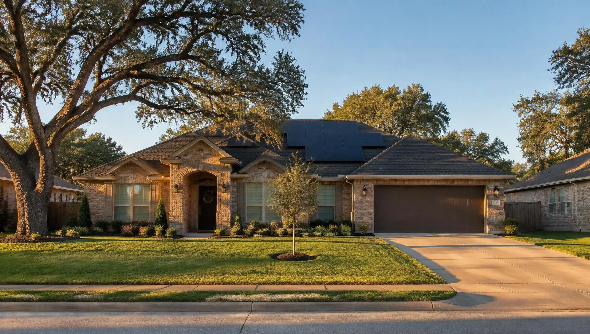 Residential home with rooftop solar panels in the Houston service area